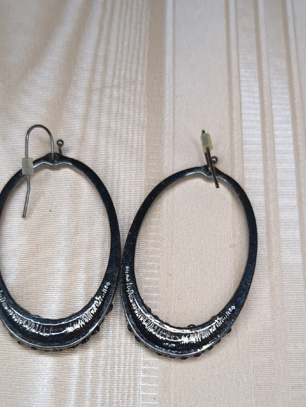Dark Silver & Charcoal Crystsl Hoop Earrings Elongated Oval Dangle Pierced